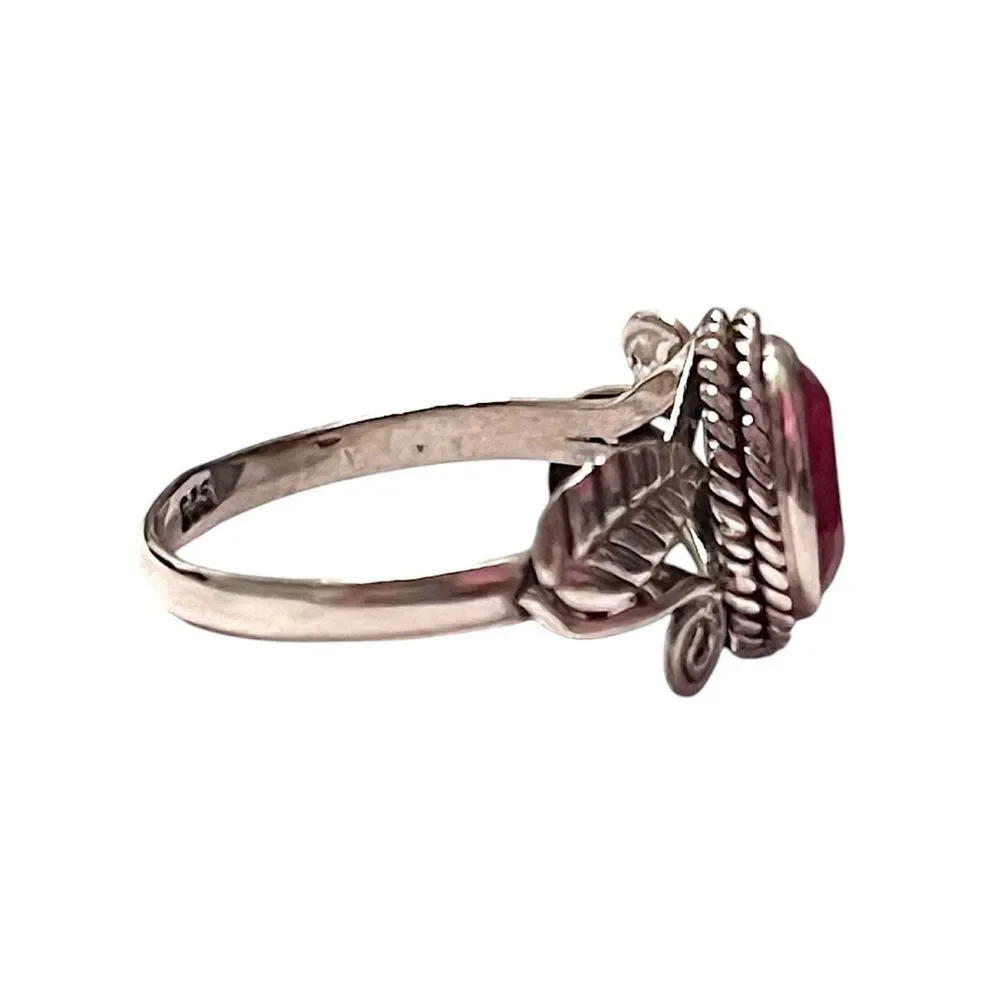 Artisan Sterling Silver Ruby Leaf Ring Size 6.5